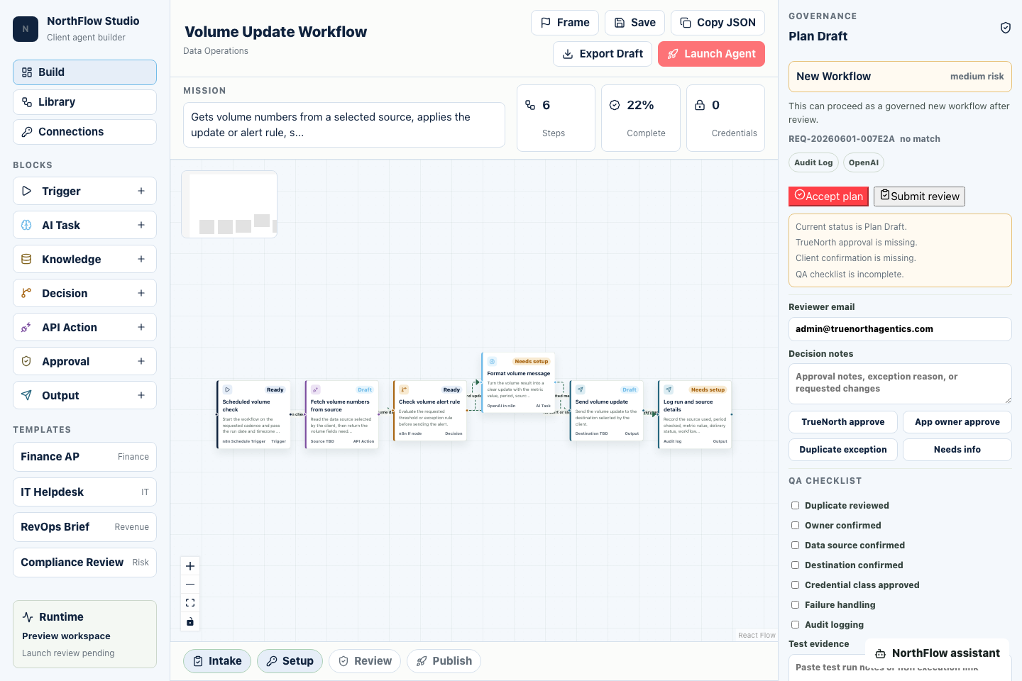 NorthFlow Studio canvas showing a drafted workflow with review controls.